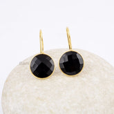 Onyx Drop Earrings, Black Onyx 15mm Round Gemstone Earrings, 18k Gold Plated 925 Sterling Silver Earrings, Valentine's Day Gift Earrings